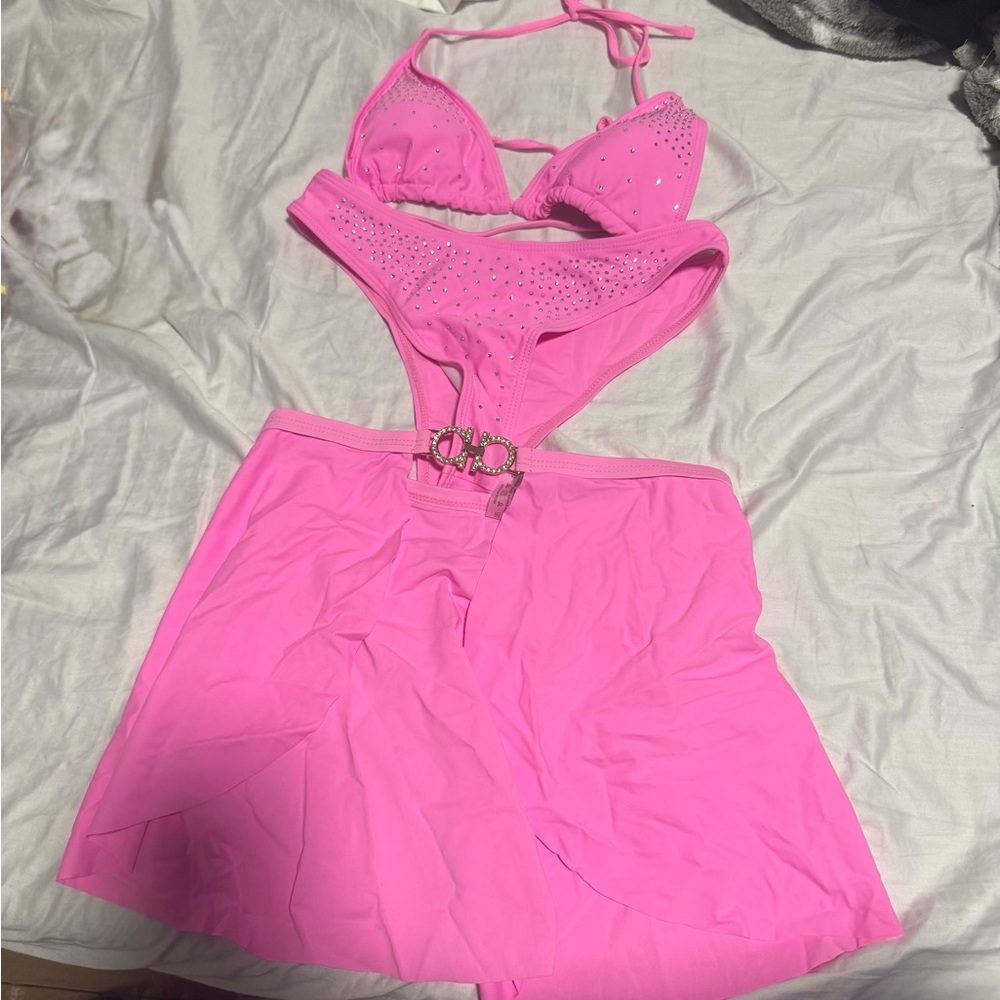 Pink Bikini Set with Skirt
